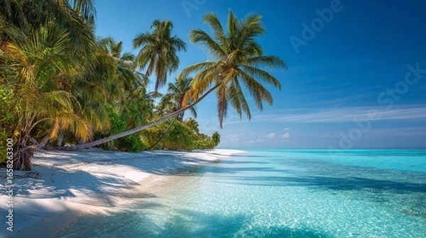 Fototapeta A beautiful beach with palm trees and a clear blue ocean