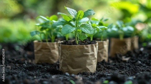 Obraz Young Plants in Paper Bags on Soil Surface