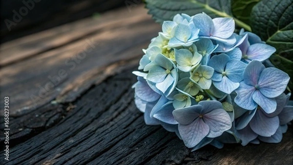 Obraz Scattered Blue Hydrangea Petals on Dark Slate Background