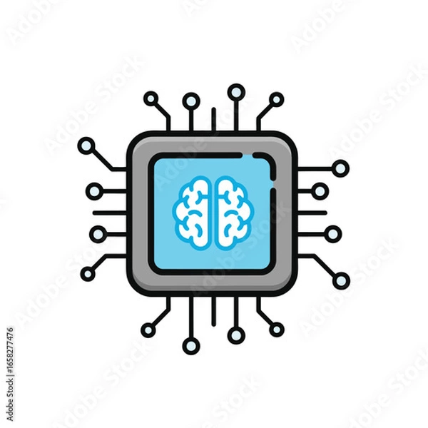 Fototapeta Vector illustration of stylized illustration of a computer processor chip with a blue brain icon inside, symbolizing artificial intelligence and advanced technology