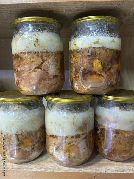 Fototapeta homemade pork stew in jars on display