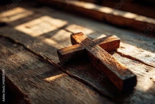 Fototapeta A handcrafted wooden cross rests on an old wooden surface in sunlight tones. Generated AI