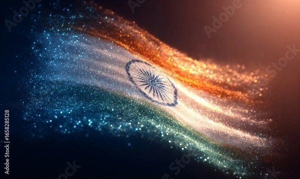 Obraz A vibrant Indian flag waving against a festive background with colorful lights and sparkles.