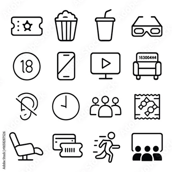Fototapeta Linear cinema icon set featuring ticket, popcorn, drink, glasses, rating, phone, screen, seat, accessibility