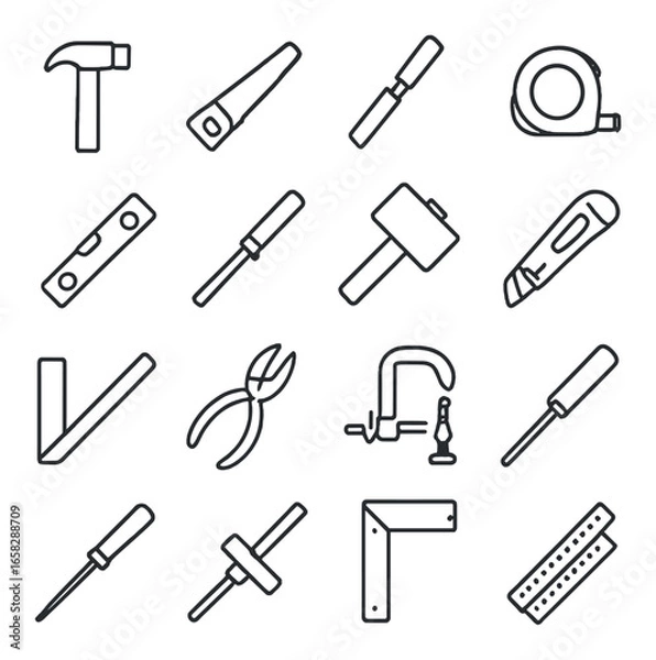 Fototapeta Linear construction tools icon set featuring hammer, saw, pliers, ruler, tape measure, and chisel