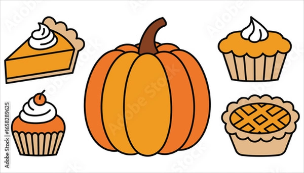 Fototapeta Pumpkin Dessert Vector Set  Pie, Cupcake, and Autumn Harvest Illustration