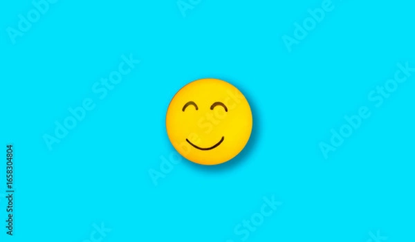 Fototapeta view of yellow smile face with happy concept isolated blue background for graphic design. sticker, icon, sign, emoji, illustration,element