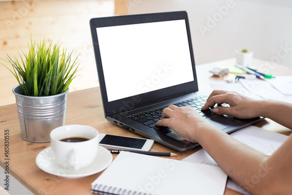 Fototapeta young  woman working  laptop computer  on wood desk ,Empty notebook