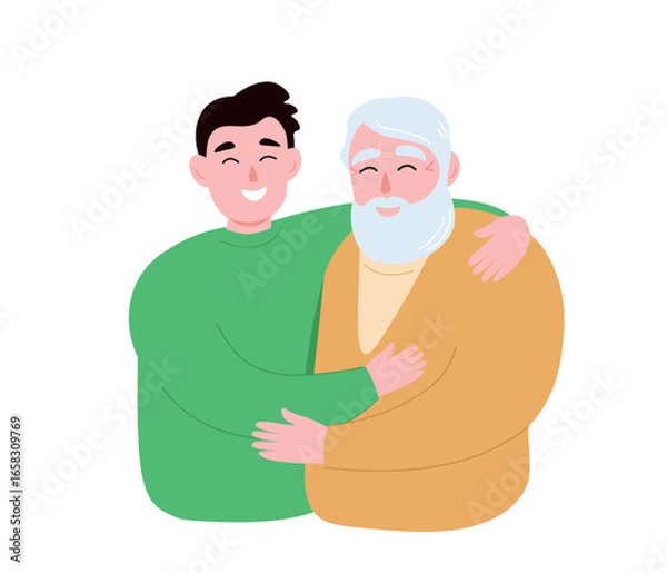 Fototapeta 
Elderly man and young man together. Grandfather and son one family support and hug each other. Vector flat graphics.
