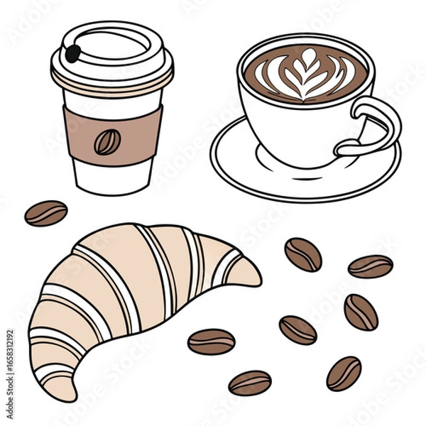Fototapeta Breakfast set with coffee cup croissant and coffee beans