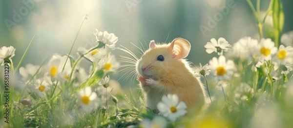 Fototapeta Cute hamster sitting on a bright flower field, surrounded by colorful flowers and soft sunlight. Cheerful spring atmosphere, perfect for Easter or children's themes. Plenty of space for text. Banner