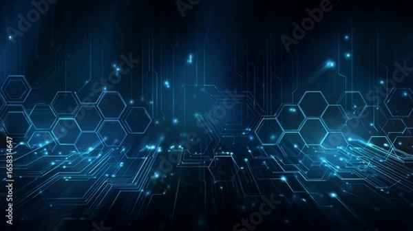 Obraz Abstract blue technology background with glowing digital circuit lines and hexagonal shapes, futuristic high-tech vector design for innovation, data communication, and modern network concept