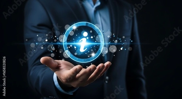Fototapeta Get vital information easily with a man holding a glowing info icon in his hand for business solutions