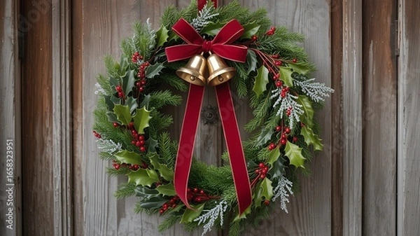 Fototapeta A christmas wreath with red bow and golden bells hangs on a rustic wooden door surface