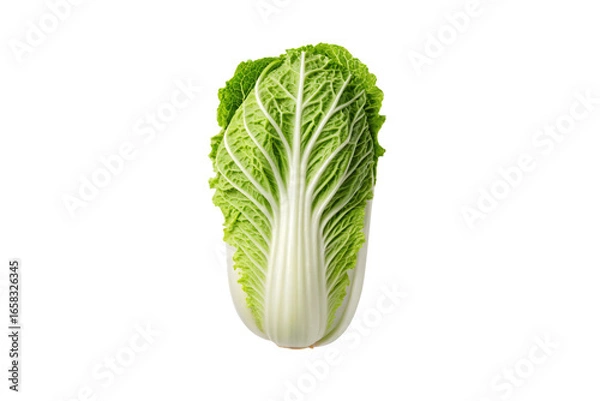 Fototapeta Fresh napa cabbage head standing upright displaying tight layered leaves with prominent white veins and ribs, isolated on a transparent background