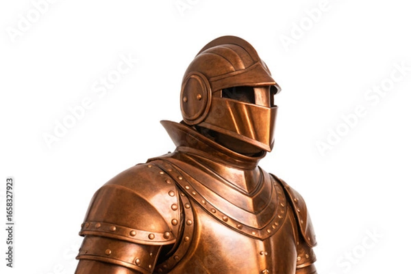 Obraz Bronze medieval knight bust with ornate helmet, layered plate armor with rivets and decorative elements, isolated on a transparent background