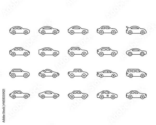 Obraz Collection of black outline car icons in various styles on white background automobile vehicle