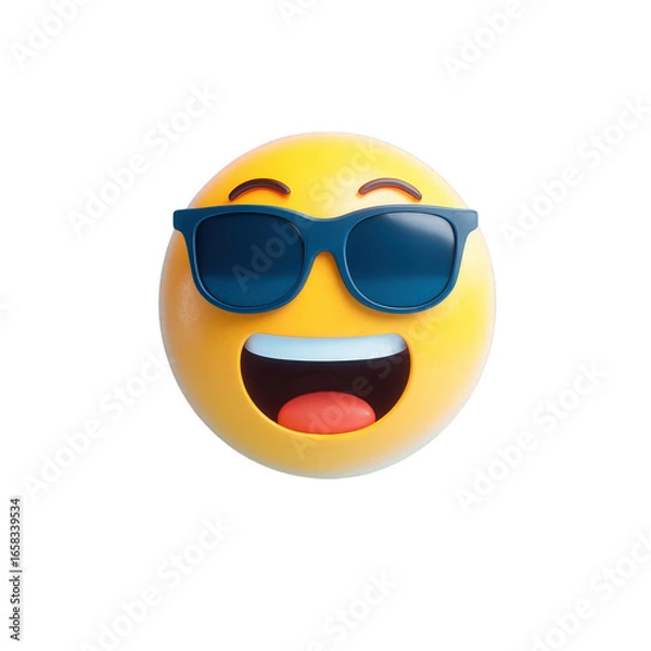 Fototapeta Laughing Emoji Face Wearing Blue Sunglasses Bright Yellow Round Expression