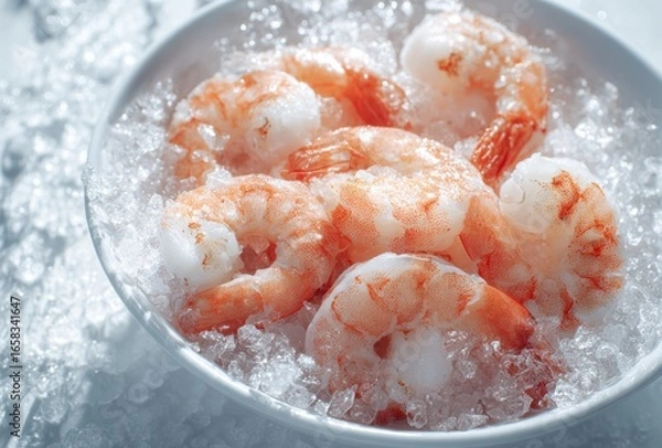 Fototapeta Freshly cooked shrimp with a light seasoning served in a metal bowl on a textured