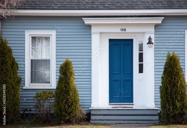 Fototapeta Front view of a cozy suburban house with a vibrant blue door, white siding, and well-maintained landscaping featuring two tall bushes on either side of the entrance