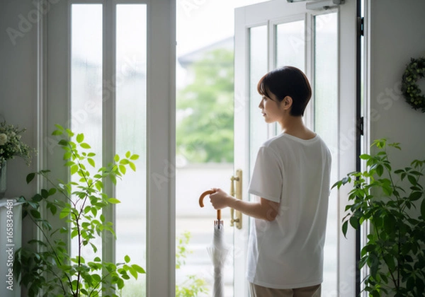 Fototapeta 雨の日に傘と過ごす女性のライフスタイル