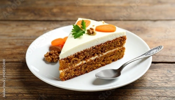 Fototapeta A slice of moist carrot cake with cream cheese frosting, garnished with walnuts and carrot pieces, served on white plate on wooden background