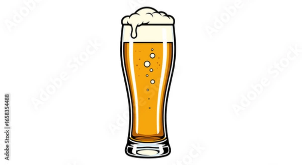 Fototapeta Illustration of a tall pilsner glass filled with golden beer and a frothy white head, isolated on white on transparent background