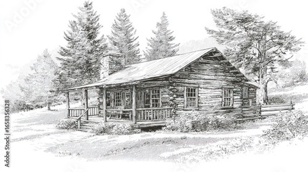 Fototapeta Rustic log cabin drawing with porch, trees, and chimney on a grassy hill