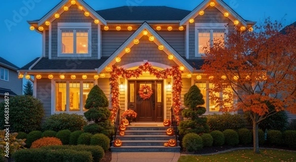 Fototapeta Festive Halloween home decorated with glowing pumpkin lights and fall foliage, creating a welcoming autumn atmosphere
