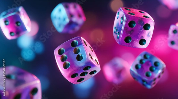 Obraz Floating neon dice in mid-air