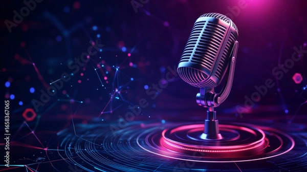 Obraz Podcast recording mic with neon tech background