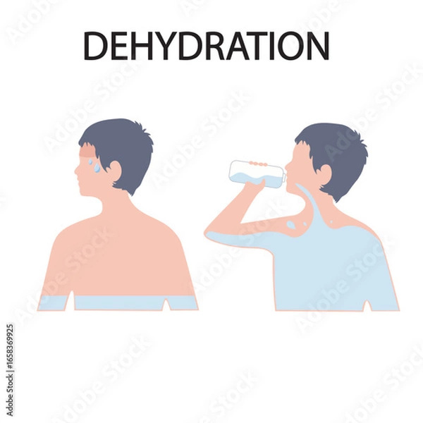 Obraz Dehydration vector illustration showing dry mouth, dizziness, fatigue, dark urine, rapid heartbeat; highlights symptoms similar to heatstroke, flu, and food poisoning.water