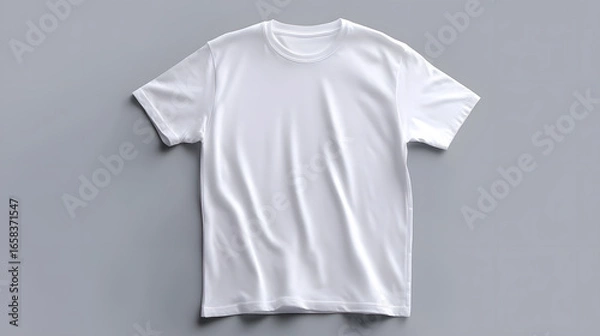 Fototapeta White t-shirt laid flat on white surface. Minimalist apparel mockup ideal for product presentation, branding, or online fashion store visuals.
