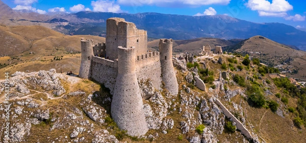 Obraz Abruzzo, Italy . The Castle of Rocca Calascio is a mountaintop fortress or rocca in the municipality of Calascio, in the Province of L'Aquila, highest castle in Italy. aerial drone panoramic view