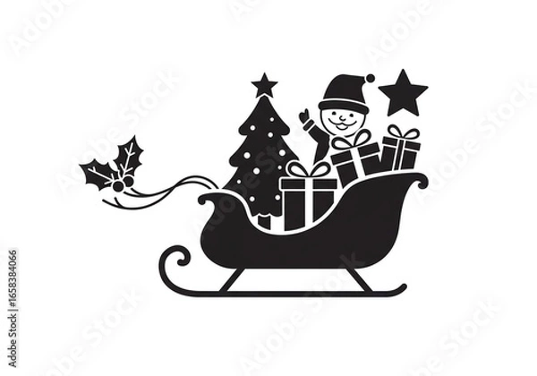 Fototapeta Black silhouette of santa in a sleigh with gifts and a christmas tree on a white background