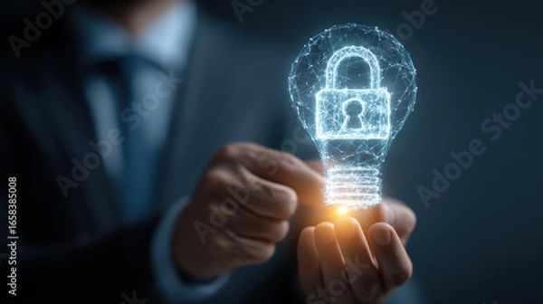 Fototapeta Glowing light bulb with padlock symbol represents concept of security and innovation. image conveys sense of protection and creativity in technology