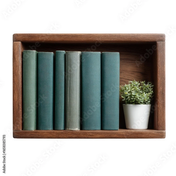 Fototapeta A stylish wooden shelf featuring neatly arranged green books alongside a small potted plant. Perfect for enhancing home decor and promoting a cozy reading atmosphere.