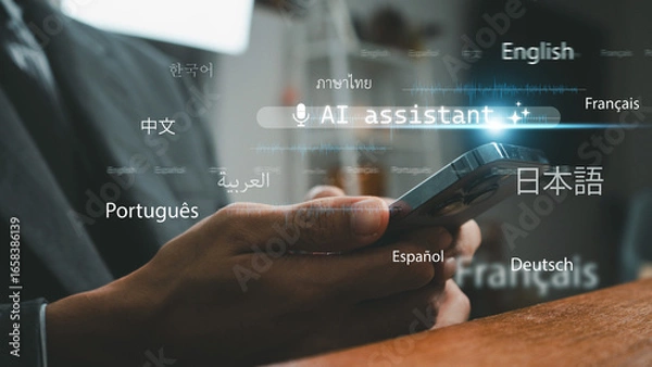 Fototapeta AI assistant translation technology with multilingual interface, smartphone and laptop usage, modern global communication, language learning, and business digital innovation.