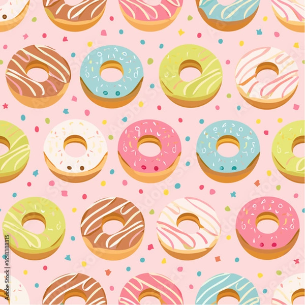 Fototapeta Seamless vector pattern of donuts with colorful sprinkles in pastel tones on pink background, perfect for bakery, sweets, food design, fabric, wrapping paper, and digital backgrounds.