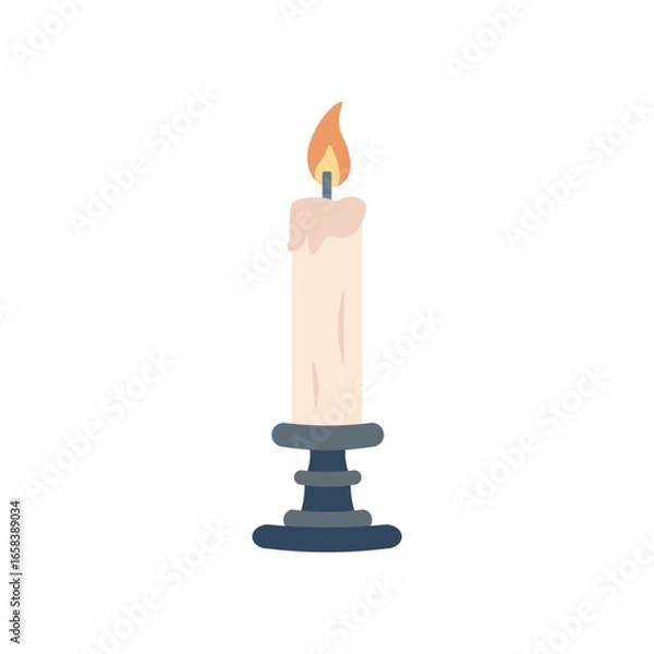Fototapeta Isolated cartoon illustration of a candle with a burning flame on a stand for templates, decorations, Halloween-themed images, religious events and more