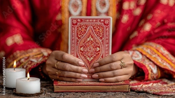 Fototapeta Tarot card reading with mystical hands divination tarot deck and mystical fortune telling