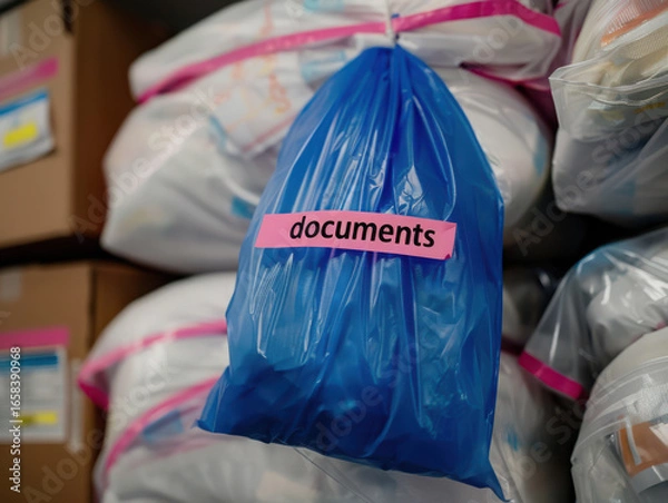 Fototapeta A blue plastic bag labeled documents amidst stacked bags and cardboard boxes in a storage area