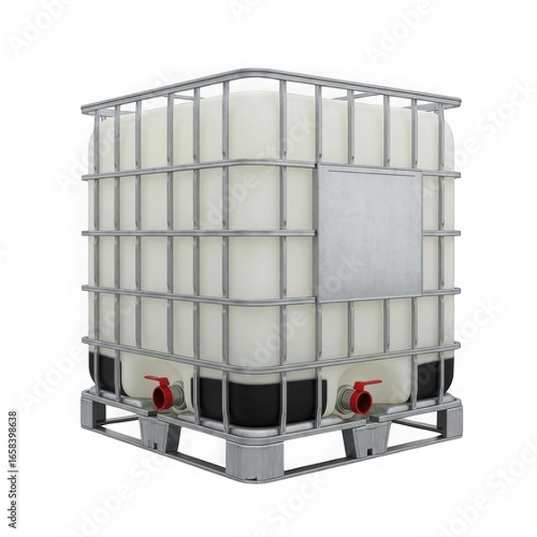 Obraz Industrial intermediate bulk container ibc with metal cage and valves, isolated on transparent background