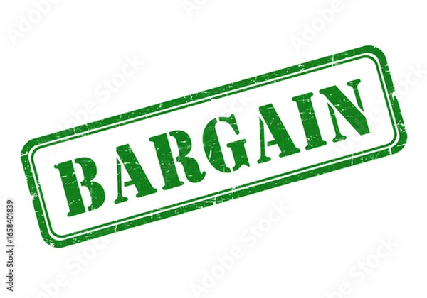Fototapeta A green bargain stamp with a white border and the word bargain in green on a white background