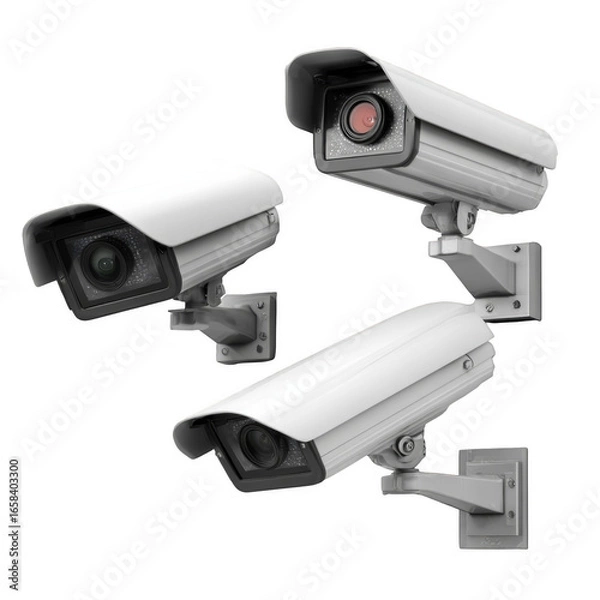 Fototapeta Three security cameras are mounted on a wall