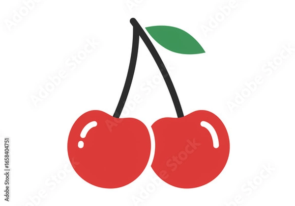 Fototapeta Illustration of two red cherries connected by black stems with a green leaf on a white background