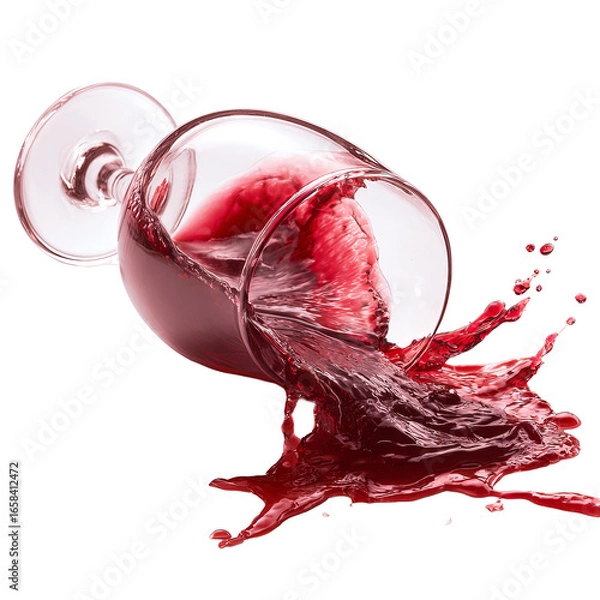 Fototapeta Realistic red wine splash spilling from a tipped-over glass on transparent background