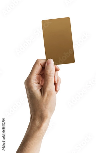 Fototapeta Credit card mockup in hand isolated in transparent PNG, empty blue card - isolated design element