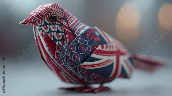 Fototapeta Decorative bird figurine adorned with intricate patterns and Union Jack design, symbolizing artistic craftsmanship and cultural heritage.