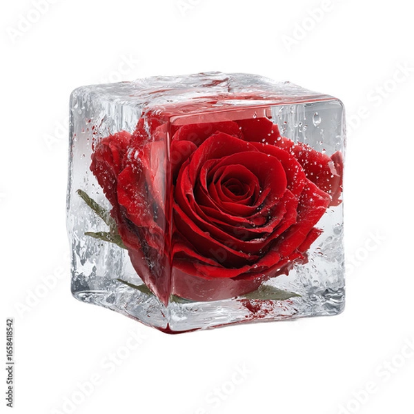 Fototapeta Vibrant red rose frozen inside a textured ice cube with water droplets on a transparent background